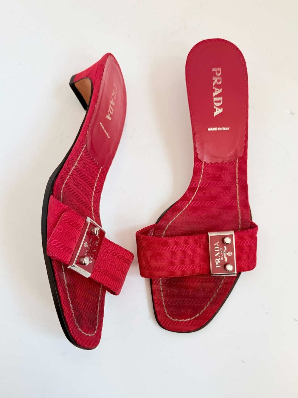 Vintage Prada Red Logo Print Slide Sandals Heels 39.5 Y2K Archive Mules - Picture 2 of 8